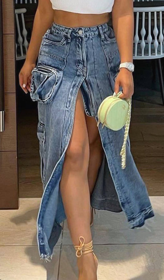 Rebel Edge Denim Cargo Skirt