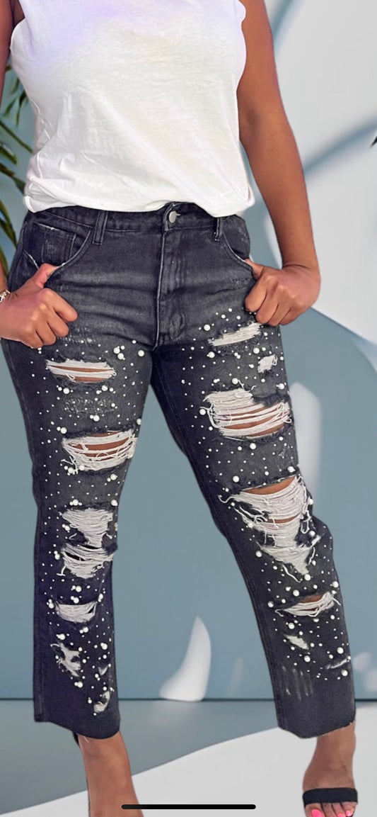 Pearl Embellished Black Destressed Jeans